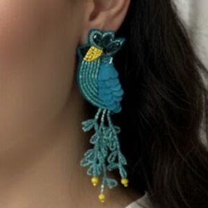 NWT SFERA Beaded Tropical Bird Statement Earrings - Teal & Gold